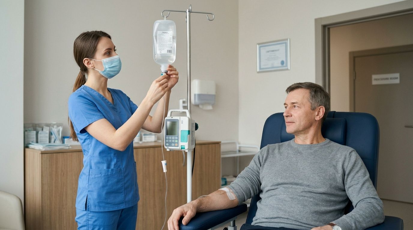 Капельницы с Нейроксом для защиты мозга Медсестра устанавливает капельницу мужчине в процедурном кабинете